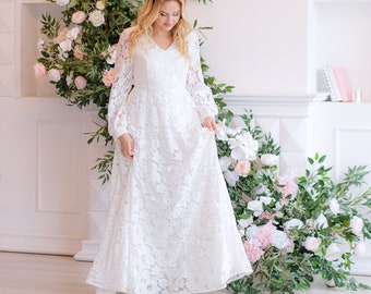 A Line Wedding Lace Dress, Modest Boho Wedding Dress, Off White Maxi Dress, Simple Long Sleeves Dress, Floral Lace Dress, Minimalist Dress