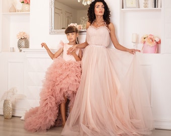 Blush Mommy and Me Formal Dresses, Handmade Dress-Up Costumes, Mother Daughter Matching Dress, Women's Occasion Dresses, Ruffle Dress