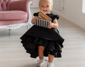 Black Toddler Dress, Black Flower Girl Dress, Cake Smash Outfit, Photoshoot Dress, 1st Birthday Dress, High Low Dress, Formal Baby Dress