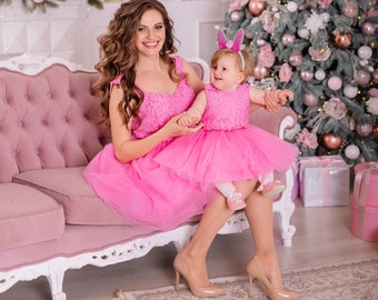 Pink Mommy And Me Dress, Handmade Dress-Up Costumes, Photoshoot Dress, Formal Party Dress, Mother Daughter Matching Dress Short, Spring