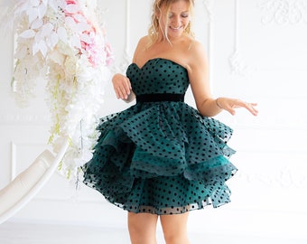 Tulle Cocktail Dress, Green Polka Dot Dress, Tulle Mini Dress, Short Party Dress, Party Outfit, Elegant Dress, Emerald Green, Sexy Dress