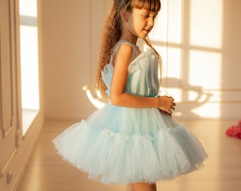 Baby Blue Tulle Dress, First Day Of School Dress, Girl Formal Dress, Tween Pageant Dress, Blue Princess Dress, Toddler Birthday Dress
