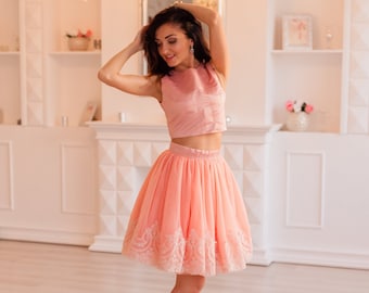 Tulle Cocktail Outfit, Set of 2, Pink Skirt and Top, Bridesmaid Separates, Summer Outfit, High Waist Dress, Pink Crop Top, Birthday Outfit