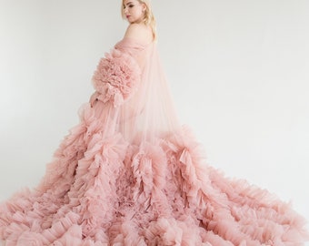 Blush Dressing Gown, Pregnancy Tulle Robe, Boudoir Robe Marabou, Dramatic Gown, Luxury Gown, Maternity Gown For Photoshoot, Old Hollywood