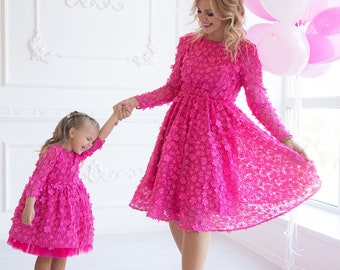 Hot Pink Mommy And Me Dress Photoshoot, Mothers Daughter Wedding Guest Dress, Handmade Dress-Up Costumes, Formal Dresses, Mothers Day Outfit