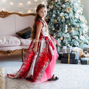 Red Flower Girl Dress, Sequin Formal Gown, Birthday Dress, Girl Train Dress, Special Occasion Dress, Photoshoot Dress, Red Sequin Dress