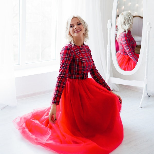 Christmas Dress Women, Women's Occasion Dresses, Red Plaid Dress, Holiday Dress, Christmas Photography Dress, Red Tartan Dress, Long Sleeve