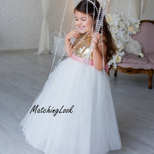 Gold And Ivory Dress, Sequin Girl Dress, Christening Gown, Flower Girl Dress, Tutu Tulle Dress, Birthday Girl Outfit,Junior Bridesmaid Dress
