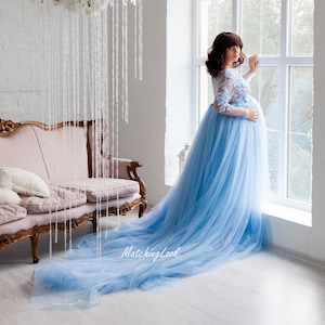 Maternity Dress For Photo Shoot, Blue Maternity Gown, Pregnancy Dress For Baby Shower, Gender Reveal Dress, Maternity Photo Props, Lace Gown