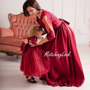 Mommy And Me Formal Dress, Matching Family Clothing, Mother Daughter Dress For Photoshoot, Wedding Guest Dress, A Line Gown, Burgundy Lace