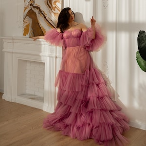 Dusty Rose Tulle Ball Gown For Photoshoot, Graduation Corset Dress With Flounces, Black Tie Dress, Tiered Fairy Gown, Tulle Maxi Gown, Gala