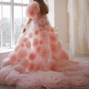 May include: A light pink gown with large, fluffy floral embellishments. The dress features voluminous, rose-like details cascading down the skirt and on the shoulders. The gown is made of a sheer fabric, creating a dreamy, ethereal look.