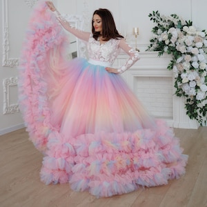 Halloween Costume, Tie Dye Wedding Skirt Separates, Colorful Bridal Skirt, Ombre Tulle Skirt With Flounce, Wedding Bridal Gowns & Separates