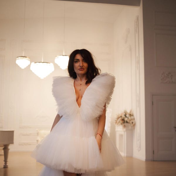 Short Wedding Tulle Dress With Deep V Neck, Hi Low Wedding Tutu Dress With Train, Bridal Shower Dress, Tiered Reception Dress, 2nd Dress