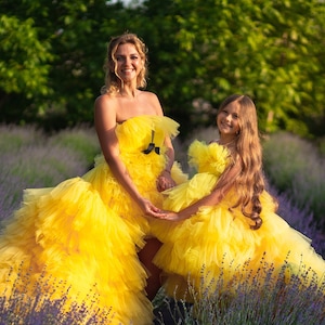 Yellow Mommy and Me Princess Tutu Dress, Photoshoot Gown, Tulle Mother Daughter, High Low Fairy Dress, Photography Dress,Wedding Guest Dress