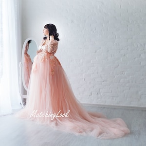 Maternity Dress, Pregnnacy Dress for Photoshoot, Peach Lace Maternity Gown, Infinity Dress, Tulle Train Dress, Formal Dress, Princess Dress