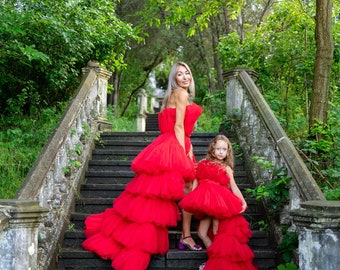 Mother Daughter High Low Dresses, Red Layered Tulle Dress, Mommy and Me Photoshoot Dresses