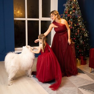 Burgundy Mommy And Me Christmas Dresses, Holiday Cocktail Dress, Xmas Photoshoot, Mother Daughter Matching Dress, Formal Dress, One Shoulder