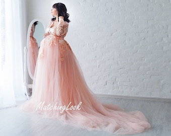 Zwangerschapsjurk, zwangerschapsjurk voor fotoshoot, perzikkant zwangerschapsjurk, oneindigheidsjurk, tule treinjurk, formele jurk, prinsessenjurk