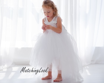 White Flower Girl Dress, First Baptism Dress, Toddler Gown Dress, Christening Dress, Wedding Party Dress, High Low Dress, Girl Tutu Dress