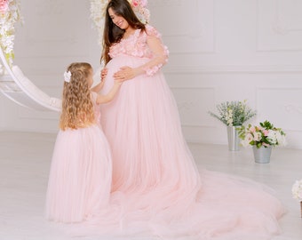 Mommy And Me Photoshoot Dress, Maternity Dress For Baby Shower, Blush Tulle Gown With Train, Maternity Wedding Gown, Pregnancy Lace Dress