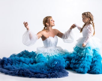 Blue Ombre Wedding Dress, Mommy and Me Gowns, Haute Couture Tiered Matching Tulle Dress