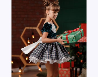 Christmas Dress For Girls, Green Plaid Dress, Toddler Girl Retro Dress, Tartan Dress, Holiday Girl Dress, Traditional Xmas Dress, Photoshoot