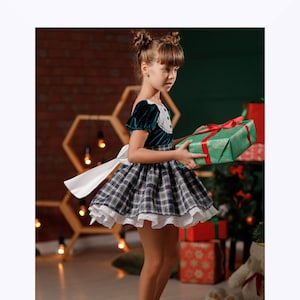 Girls Christmas Dress, Green Plaid Tutu Dress, Toddler Tartan Dress, Retro Holiday Dress Girl, Gift For Kids, Xmas Check Dress, Photoshoot