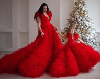 Red Mommy And Me Gown Dress, Princess Tulle Dress, Mother Daughter Romantic Gowns, Photoshoot Dress, Tiered Gown, Rental Service Gowns