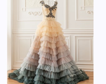 Colorful Wedding Dresses, Ombre Wedding Gown, Ethereal Wedding Dress, Champagne Wedding Dress, Couture Bridal Tulle Gown, Photoshoot Dress