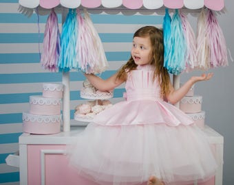 Pink birthday dress Pink tutu Flower girl dress with bow Princess dress girls pink and ivory dress First communion dress Pageant pink dress
