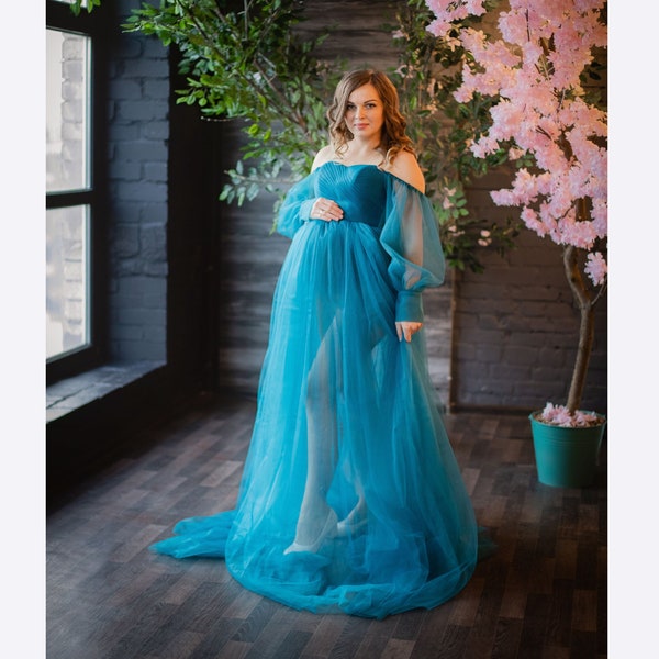 Tulle Maternity Photoshoot Dress, Pregnancy Gown, Boudoir Dressing Gown, Teal Maternity Photoshoot Dress,Off Shoulder Maternity Wedding Gown