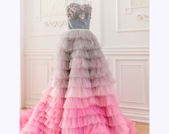 Grey and Pink Ombre Wedding Dress, Couture Tiered Tulle Gown, Corset Wedding Dress