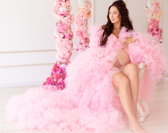 Pink Maternity Robe For Baby Shower Photoshoot, Pregnancy Photography Gown, Open Belly Ruffle Tulle Dressing Gown,Dramatic Robe,Boudoir Robe