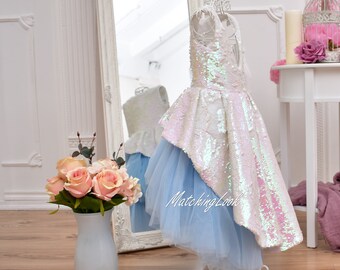 Flower Girl Dress, Sequin Dress, White Dress, Tulle Dress, Birthday Dress, Photoshoot Dress, Train Dress, High Low Dress, Formal Dress