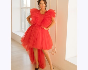 Red High Low Tulle Dress, Photoshoot Dress, Wedding Guest Dress, Womens Occasion Dresses, Date Tutu Dress, Special Occasion Dress, Evening