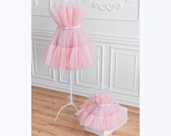 Blush Pink Mother Daughter Matching Party Dress, Summer Wedding Guest Dress, Mommy And Me Dress, Adult Tutu Tulle Dresses,1st Birthday Dress