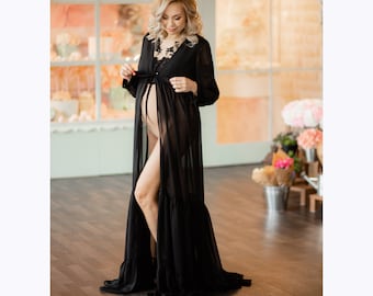Black Chiffon Maternity Robe, Luxe Pajamas and Robes, Photoshoot Robe, Dark Boudoir Robe, Black Bridal Sheer Robe, Pregnancy Robe,Open Belly