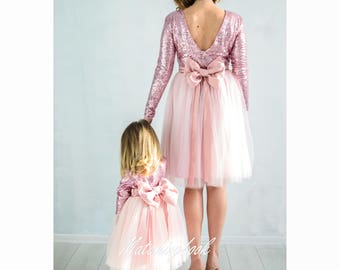 Pink Tutu Dress, Mother Daughter Matching Dress, Elegant Dress, Open Back Dress, Mommy And Me Outfit, Photoshoot Dress, Wedding Guest