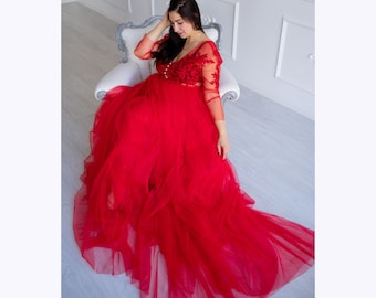 Rotes Umstandskleid für Fotoshooting, rotes Hochzeitskleid, Fotografiekleid, rotes Tüllkleid, Abendkleider für Frauen, Schwangerschafts-Foto-Requisiten