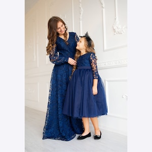 Navy Mommy and Me Dress Formal, Mother Daughter Matching Dress, Photoshoot Gown, Lace Wedding Guest Outfit, Photography Ball Gown, Event