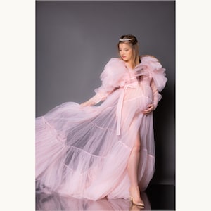 Maternity Dress For Photo Shoot, Tulle Robe, Sheer Robe, Pregnancy Gown For Photoshoot, Boudoir Robe, Flowy Maternity Dress, Blush Pink Gown