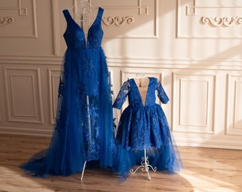 Mommy And Me Dress Formal, Outfits For Photoshoot, Royal Blue Mother Daughter Matching Dresses, Wedding Guest Train Dress, Tulle Lace Gown