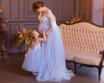 Dusty Blue Mommy and Me Umstandskleid, Umstandsballkleid, Schwangerschaft Fotoshooting Kleid