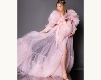 Maternity Dress For Photo Shoot, Tulle Robe, Sheer Robe, Pregnancy Gown For Photoshoot, Boudoir Robe, Flowy Maternity Dress, Blush Pink Gown