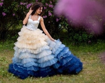 Robe de mariée bleu dégradé, Robe haute couture, Robe de quinceanera, Robe en tulle à volants, Articles de toilette pour mariage, Robe de fiançailles, Robe pour séance photo