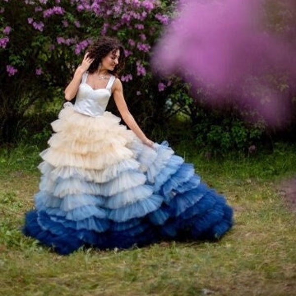 Blue Ombre Wedding Dress, Haute Couture Dress, Quinceanera Dress, Tiered Tulle Gown, Wedding Separates, Engagement Gown, Photoshoot Dress