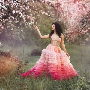 Pink Wedding Dress Corset, Tiered Tulle Gown, Fairytale Wedding Photoshoot Dress, Prom Ballgown, Quinceanera Dress, Extravagant Dress