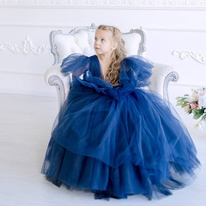 Navy Tulle Flower Girl Dress, Junior Bridesmaid Gown, Baby Girl Tutu Dress, Puffy Sleeves Dress, Toddler 1st Birthday Dress, Fairytale Dress