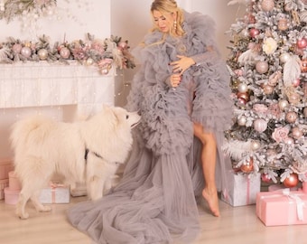 Tulle Robes, Maternity Gown For Photo Shoot, Boudoir Robe,  Photography Gown, Grey Ruffle Robe, Peignoir Gown, Dramatic Gown, Burlesque Robe